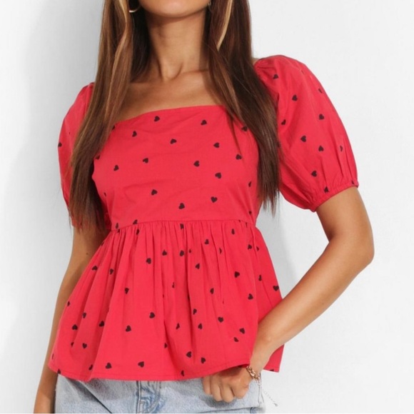 NWT BooHoo Heart Print Puff Sleeve Smock Top | Red Top w/ Black Hearts | Size 12 - Picture 2 of 3
